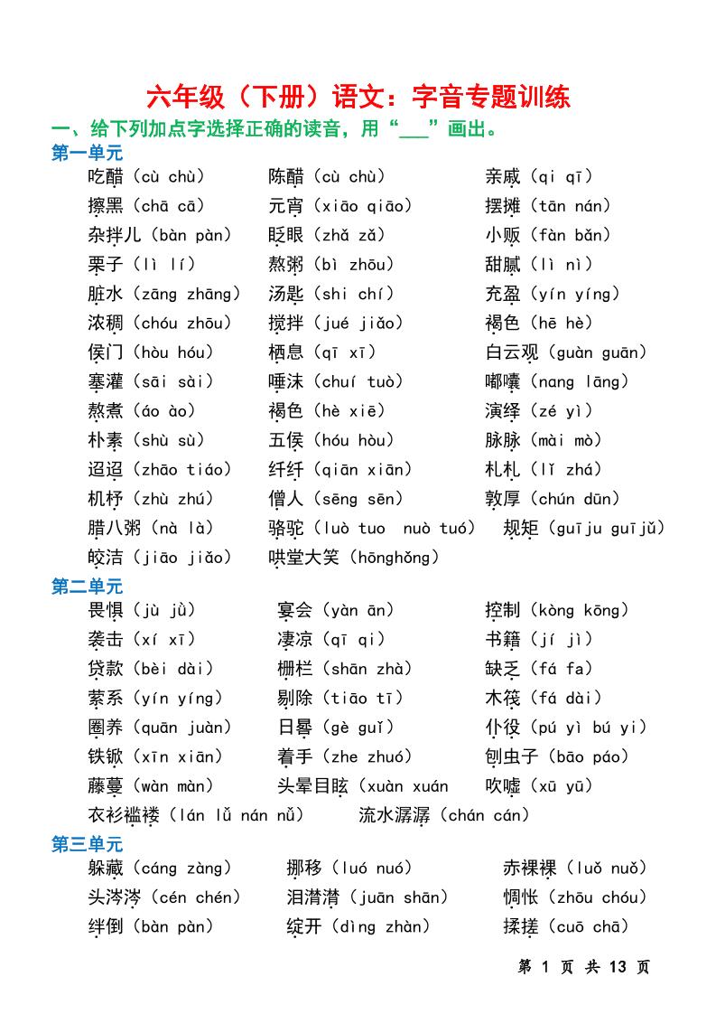 六下语文字音专题训练（含13页）