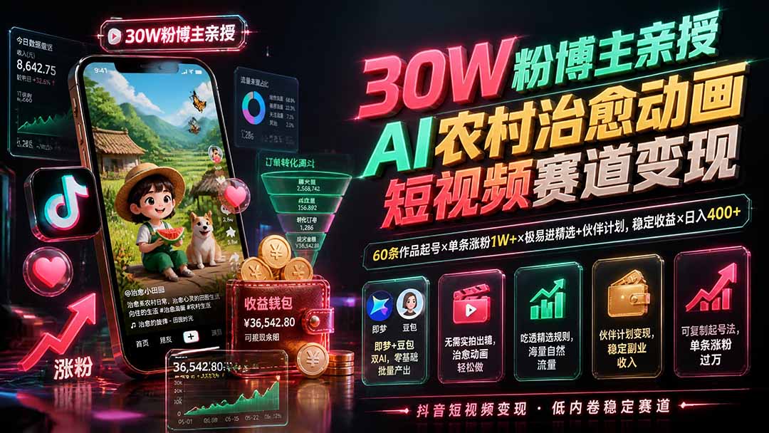 30W粉博主亲授AI农村治愈动画短视频赛道变现：60条作品起号×单条涨粉1W+×极易进精选+伙伴计划，稳定收益×日入400+