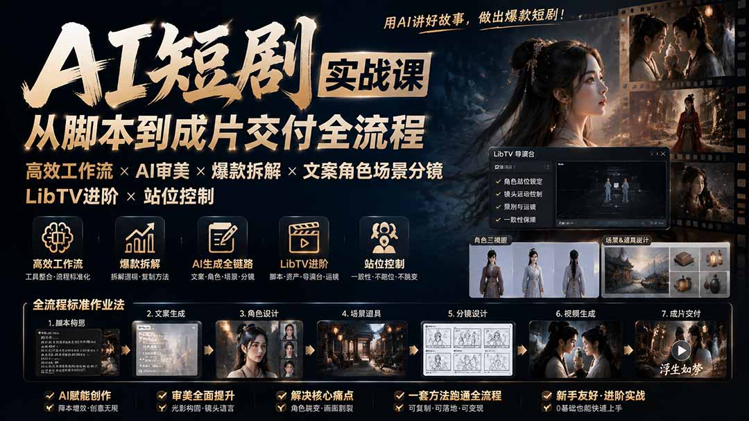AI短剧实战课：高效工作流×AI审美×爆款拆解×文案角色场景分镜×LibTV进阶×站位控制×从脚本到成片交付全流程