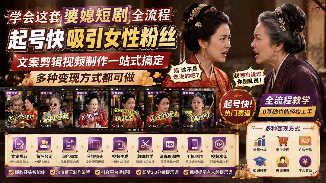 学会这套婆媳短剧全流程：起号快吸引女性粉丝，文案剪辑视频制作一站式搞定，多种变现方式都可做