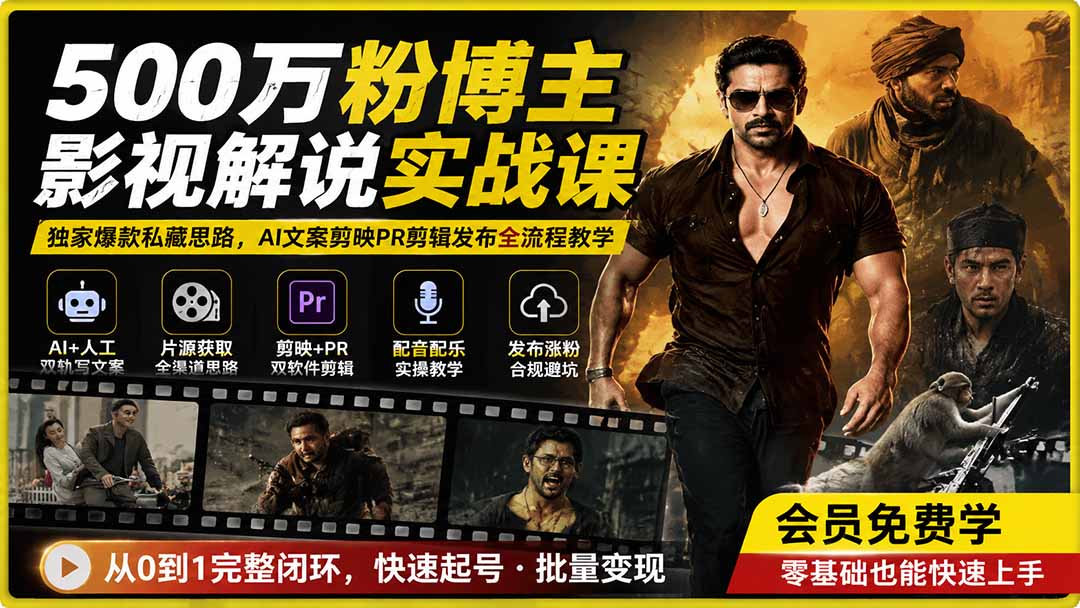 500万粉博主影视解说实战课|独家爆款私藏思路,AI文案剪映PR剪辑发布全流程教学