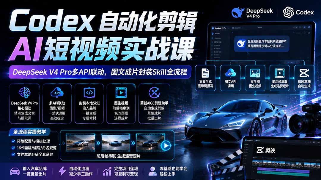 Codex自动化剪辑AI短视频实战课|DeepSeek V4 Pro多API联动,图文成片封装Skill全流程