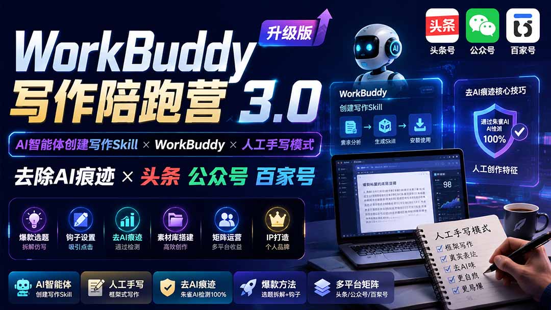 WorkBuddy写作陪跑营3.0-更新：Ai智能体创建写作Skill×WorkBuddy×人工手写模式×去除AI痕迹×头条公众号百家号