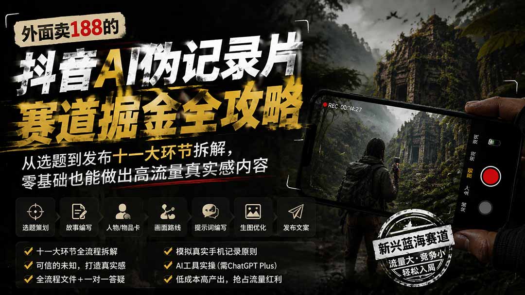 外面卖188的抖音AI伪记录片赛道掘金全攻略；从选题到发布十一大环节拆解，零基础也能做出高流量真实感内容
