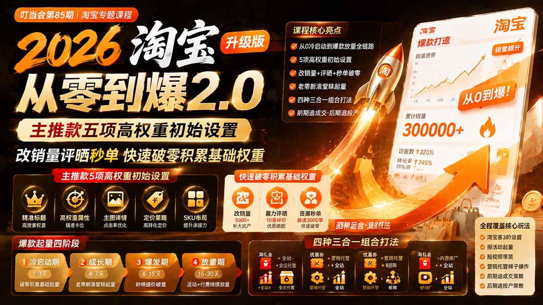 2026淘宝从零到爆2.0第85期；主推款五项高权重初始设置，改销量评晒秒单快速破零积累基础权重