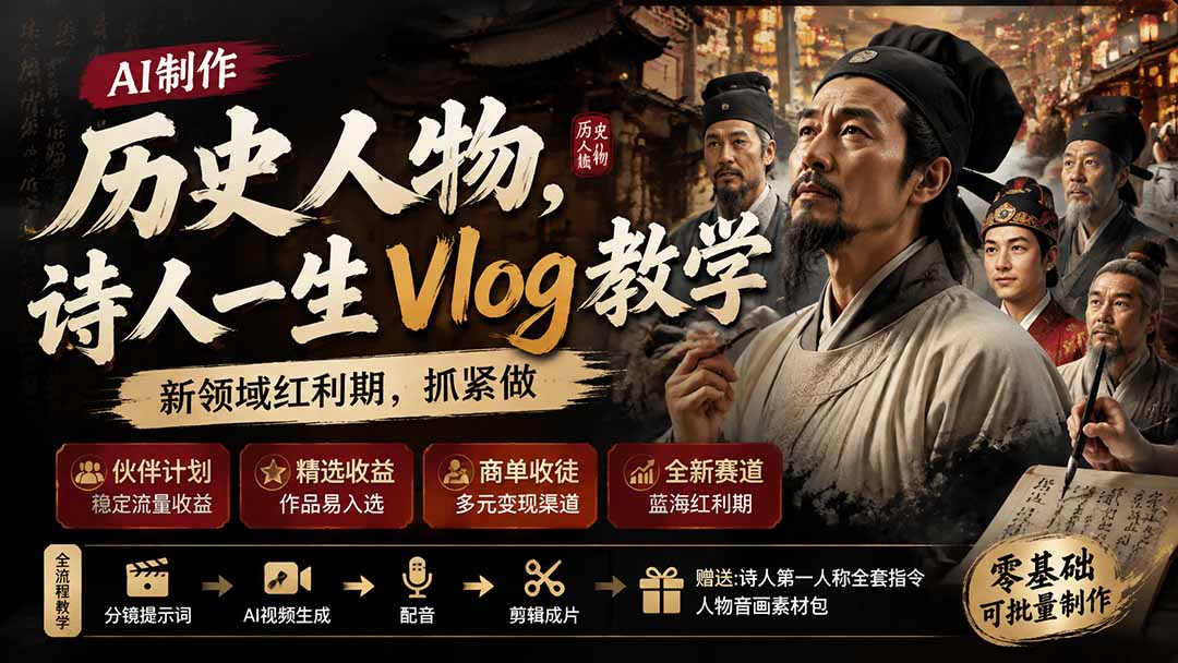 历史人物，诗人一生Vlog教学， AI制作丨伙伴计划丨精选收益丨商单收徒 ，新领域红利期，抓紧做