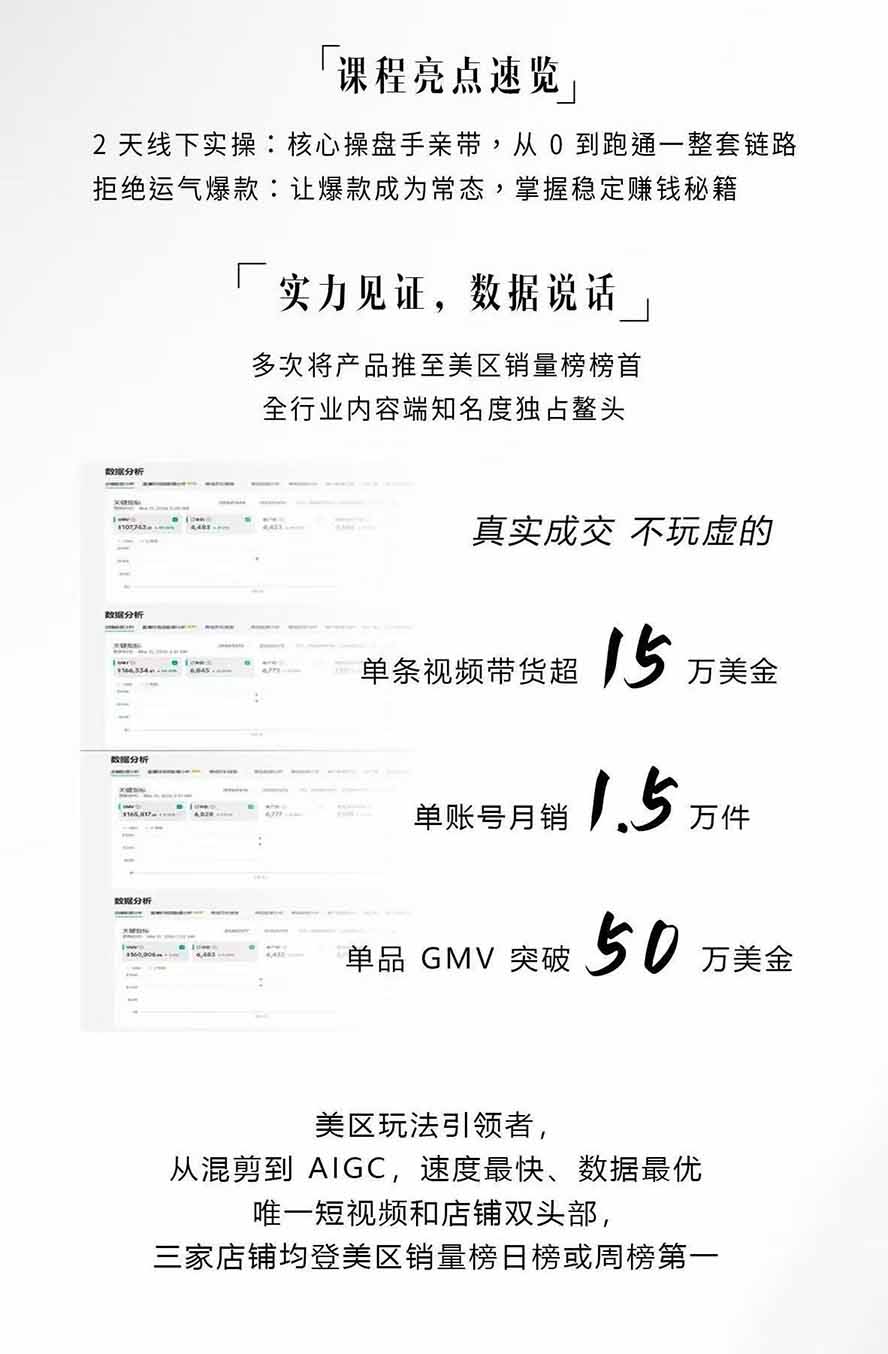 AIGC×TikTok美区短视频带货线下课；两天一夜完整回放，12小时高清视频收录头部操盘手全流程教学