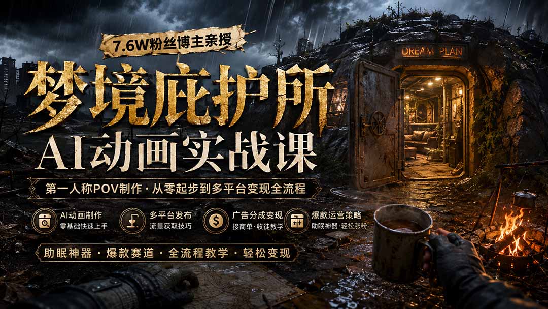 梦境庇护所AI动画实战课:7.6W粉丝博主亲授第一人称POV制作,从零起步到多平台发布变现全流程