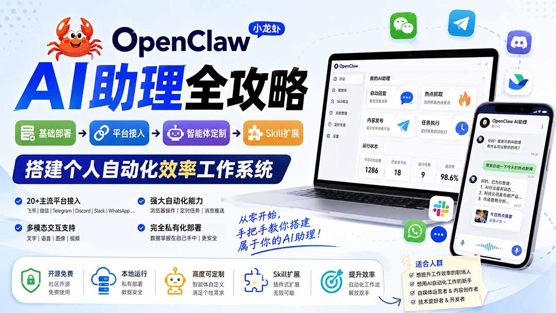 OpenClaw小龙虾 AI助理全攻略:基础部署→平台接入→智能体定制→Skill扩展,搭建个人自动化效率工作系统