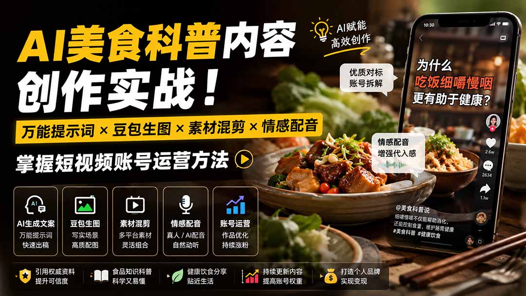 外面卖199元-AI美食科普内容创作实战!万能提示词×豆包生图×素材混剪×情感配音,掌握短视频账号运营方法