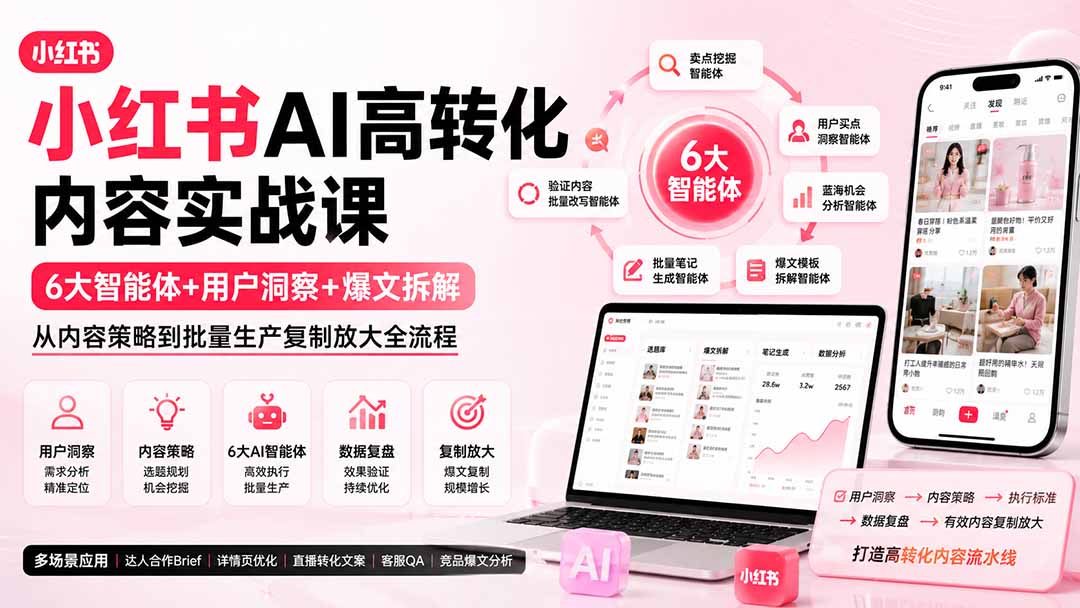 小红书AI高转化内容实战课：6大智能体+用户洞察+爆文拆解，从内容策略到批量生产复制放大全流程