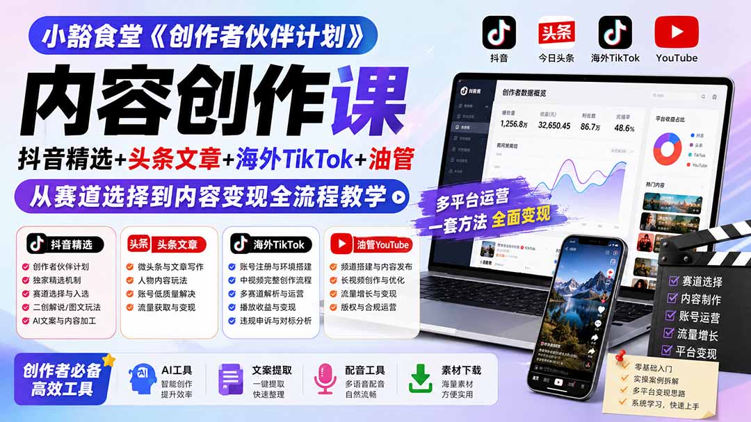 小豁食堂《创作者伙伴计划》内容创作课:抖音精选+头条文章+海外TikTok+油管,从赛道选择到内容变现全流程教学