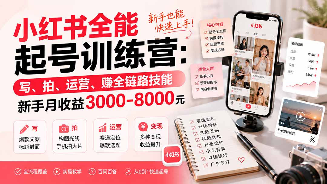 小红书全能起号训练营-更新:写、拍、运营、赚全链路技能,新手月收益3000-8000元