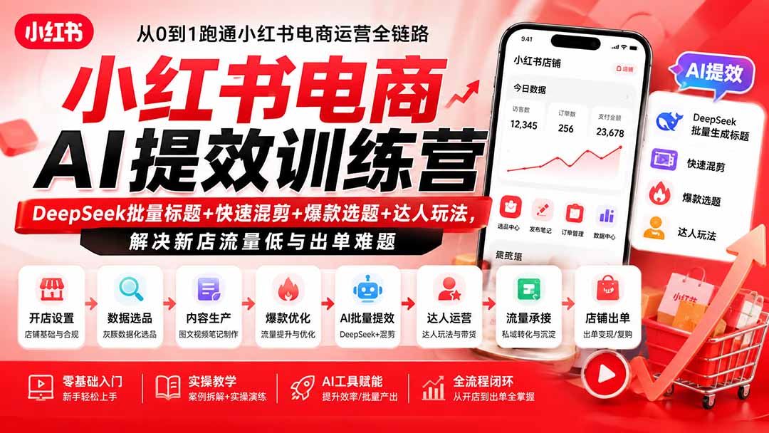 小红书电商AI提效训练营—DeepSeek批量标题+快速混剪+爆款选题+达人玩法,解决新店流量低与出单难题