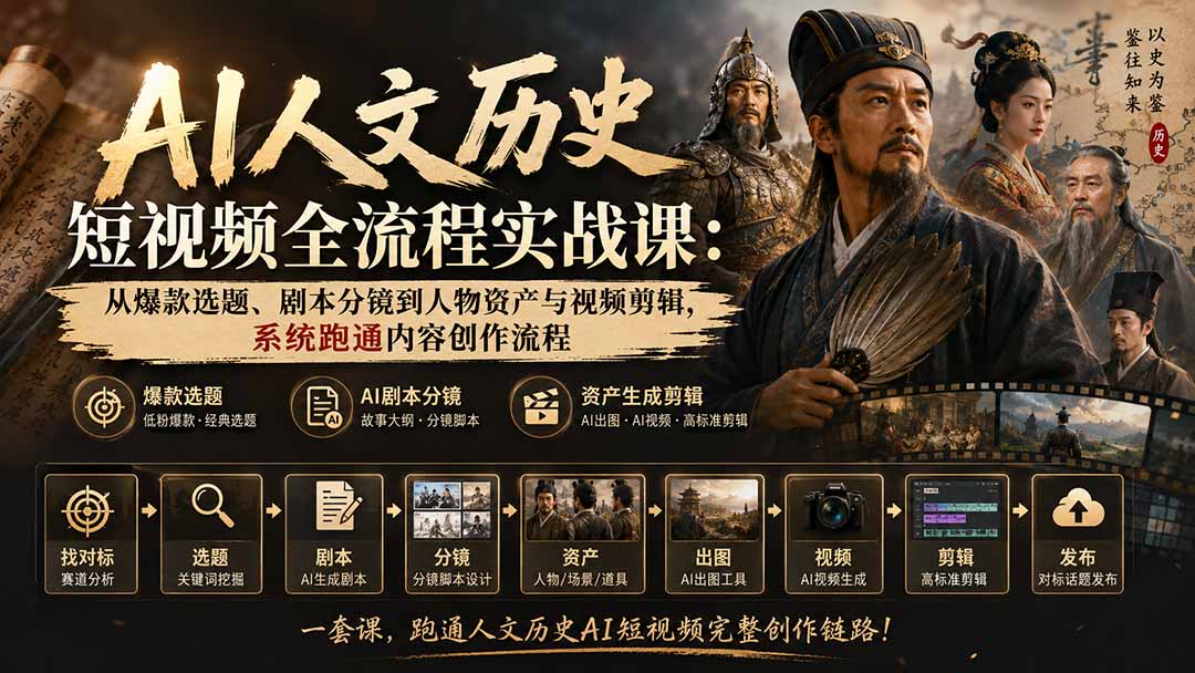 AI人文历史短视频全流程实战课:从爆款选题、剧本分镜到人物资产与视频剪辑,系统跑通内容创作流程