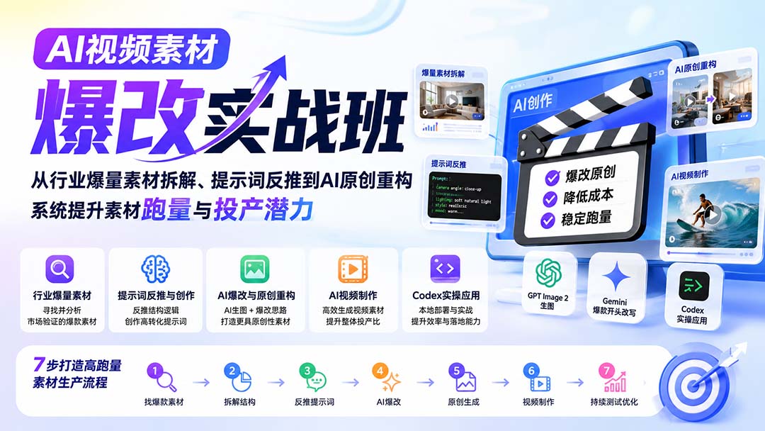 AI视频素材爆改实战班-更新8月：从行业爆量素材拆解、提示词反推到AI原创重构，系统提升素材跑量与投产潜力