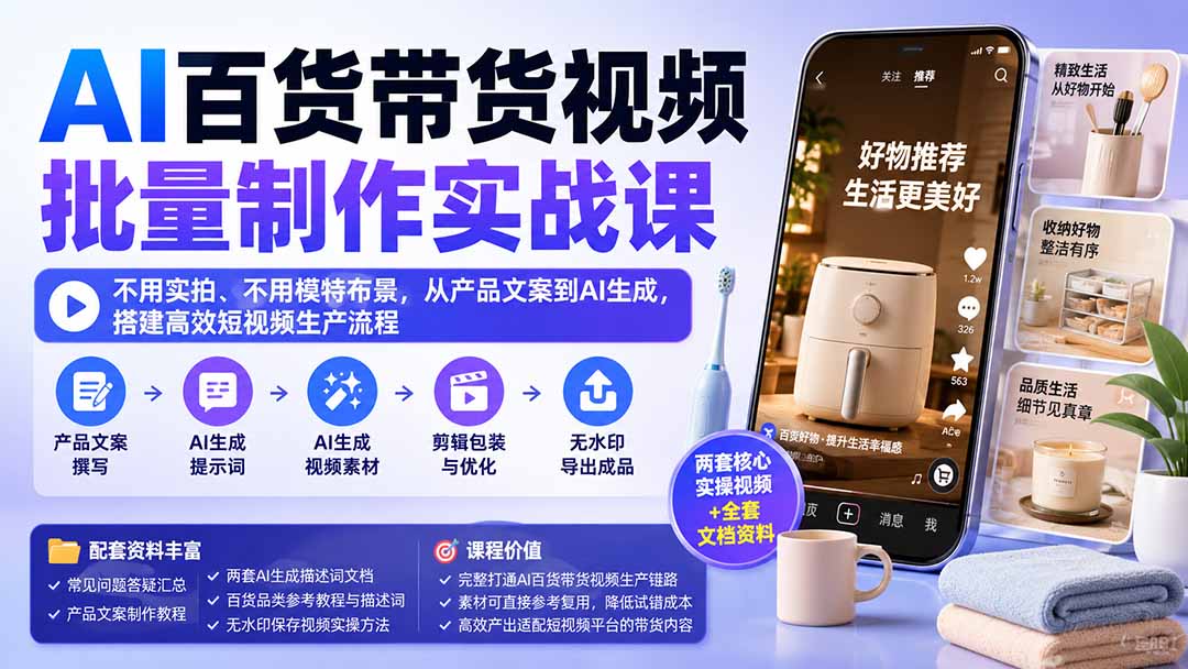 AI百货带货视频批量制作实战课：不用实拍、不用模特布景，从产品文案到AI生成，搭建高效短视频生产流程