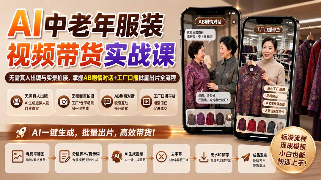 AI中老年服装视频带货实战课:无需真人出镜与实景拍摄,掌握AB剧情对话+工厂口播批量出片全流程