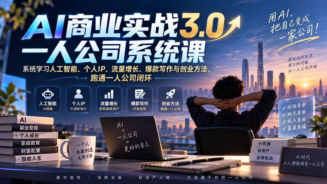 AI商业实战3.0一人公司系统课:系统学习人工智能、个人IP、流量增长、爆款写作与创业方法,跑通一人公司闭环