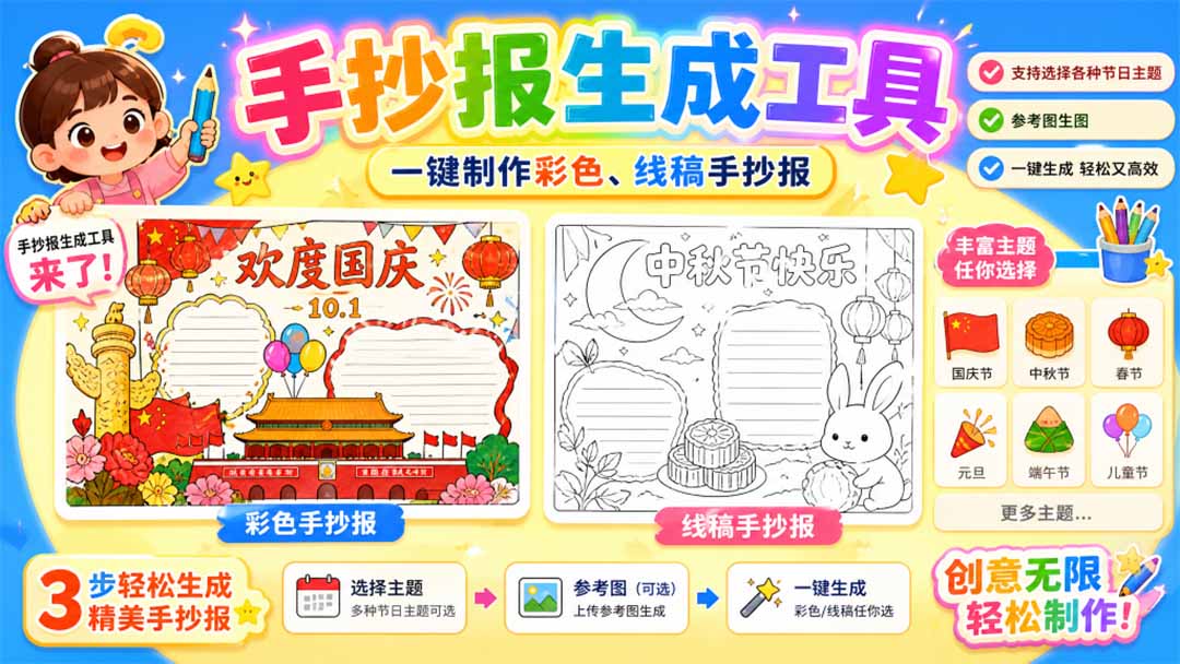 手抄报批量生成工具来了,完全免费,告别豆包生图,这个高清无水印
