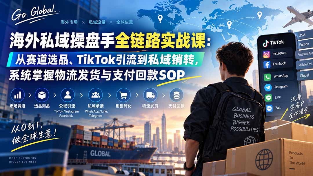 海外私域操盘手全链路实战课:从赛道选品、TikTok引流到私域销转,系统掌握物流发货与支付回款SOP