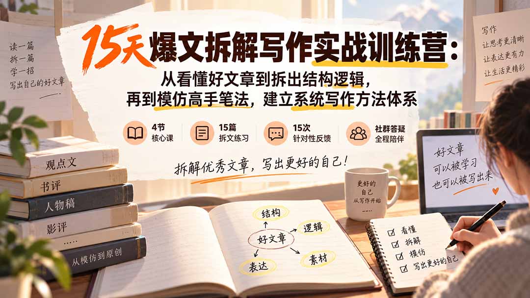 15天爆文拆解写作实战训练营：从看懂好文章到拆出结构逻辑，再到模仿高手笔法，建立系统写作方法体系