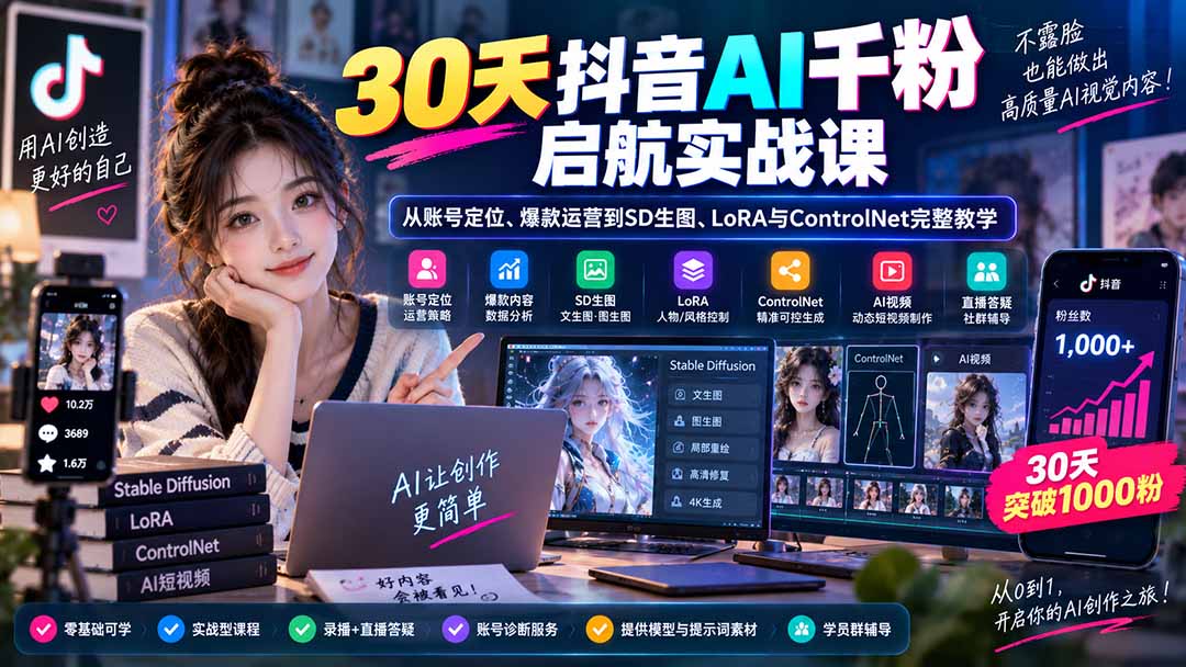 30天抖音AI千粉启航实战课:从账号定位、爆款运营到SD生图、LoRA与ControlNet完整教学