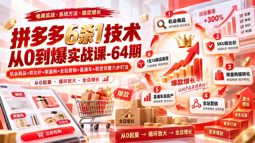 拼多多6杀1技术从0到爆实战课-64期:机会商品+防比价+限量购+全站营销+直通车+裂变完整六步打法