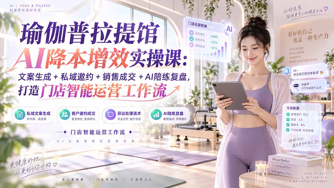 瑜伽普拉提馆AI降本增效实操课:文案生成+私域邀约+销售成交+AI陪练复盘,打造门店智能运营工作流