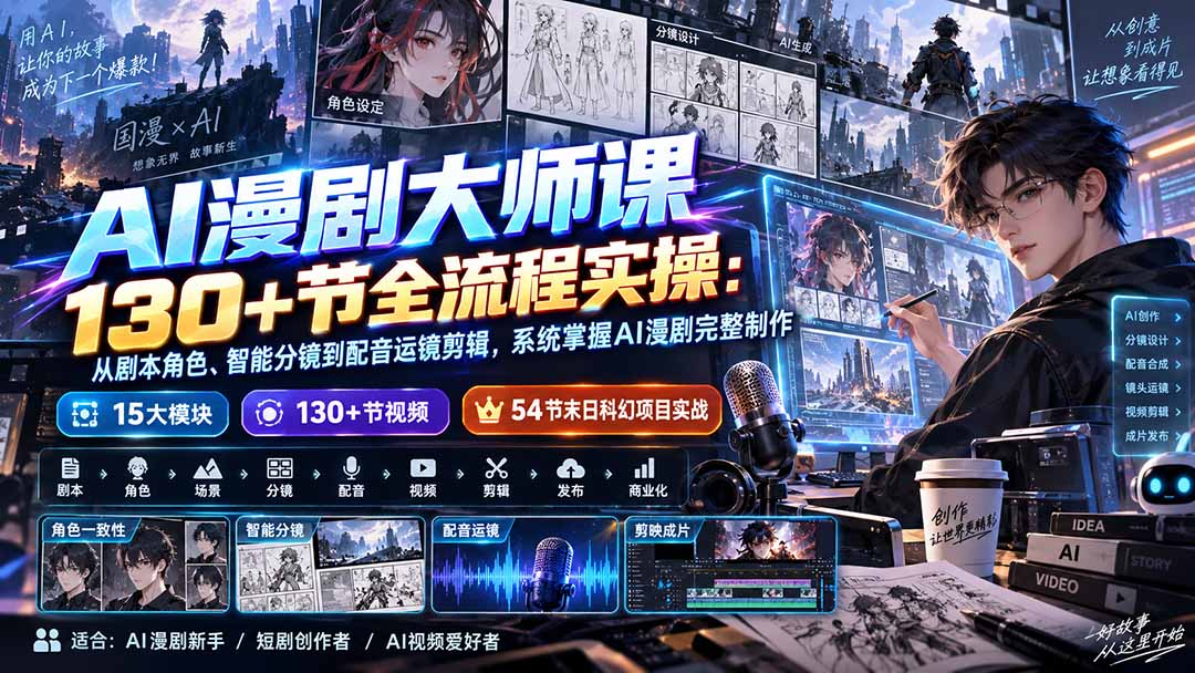 AI漫剧大师课130+节全流程实操:从剧本角色、智能分镜到配音运镜剪辑,系统掌握AI漫剧完整制作