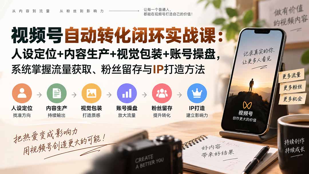 视频号自动转化闭环实战课:人设定位+内容生产+视觉包装+账号操盘,系统掌握流量获取、粉丝留存与IP打造方法