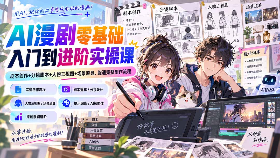 AI漫剧零基础入门到进阶实操课：剧本创作+分镜脚本+人物三视图+场景道具，跑通完整创作流程