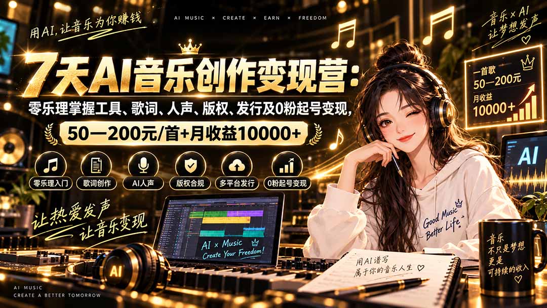 AI音乐创作变现营:零乐理掌握工具、歌词、人声、版权、发行及0粉起号变现,50—200元/首+月收益10000+