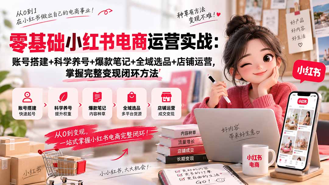 零基础小红书电商运营实战：账号搭建+科学养号+爆款笔记+全域选品+店铺运营，掌握完整变现闭环方法