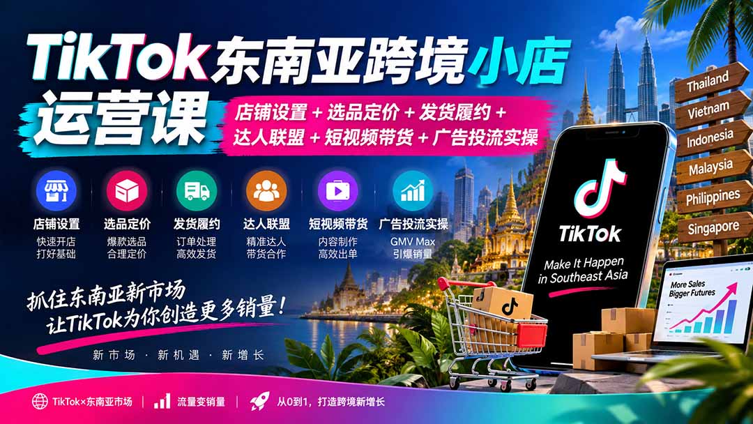 TikTok东南亚跨境小店运营课:店铺设置+选品定价+发货履约+达人联盟+短视频带货+广告投流实操