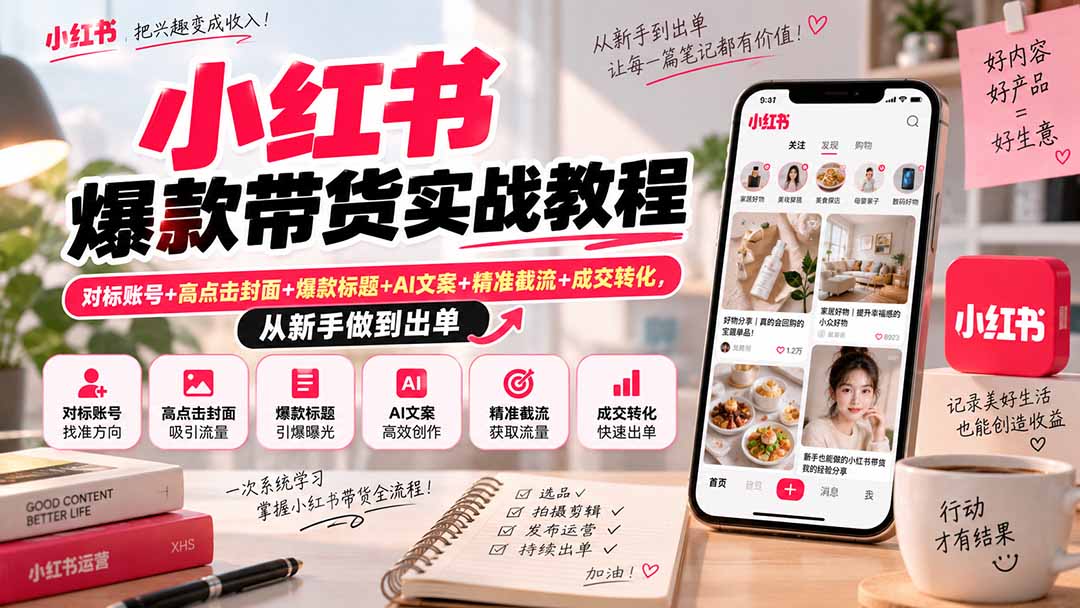 小红书爆款带货实战教程|对标账号+高点击封面+爆款标题+AI文案+精准截流+成交转化,从新手做到出单