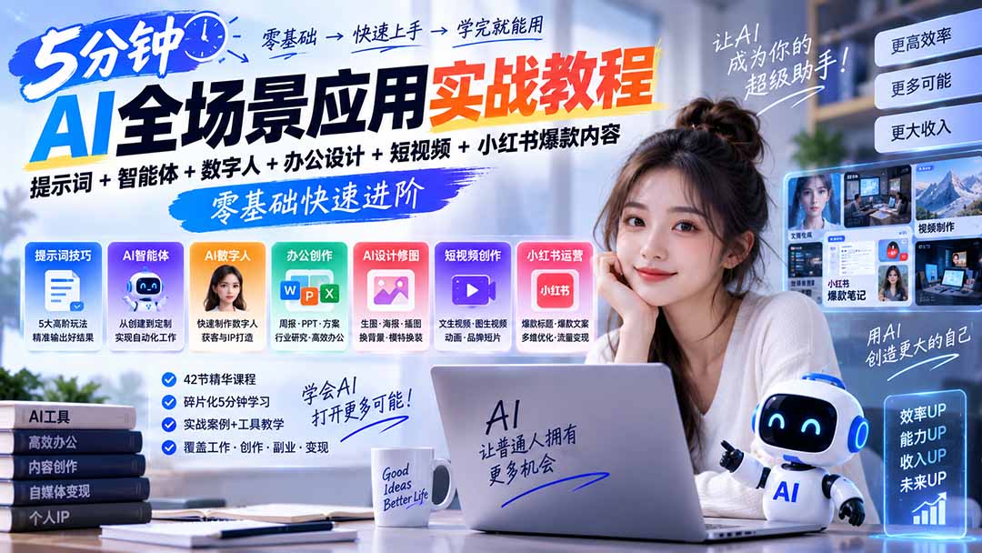 AI全场景应用实战教程｜提示词+智能体+数字人+办公设计+短视频+小红书爆款内容，零基础快速进阶
