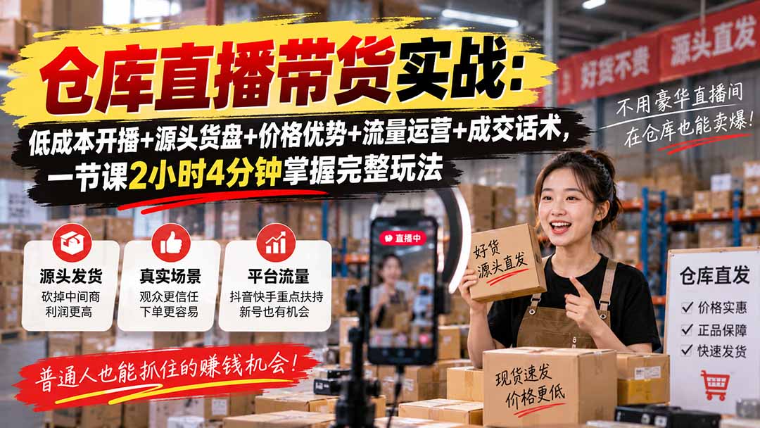 仓库直播带货实战:低成本开播+源头货盘+价格优势+流量运营+成交话术,一节课2小时4分钟掌握完整玩法