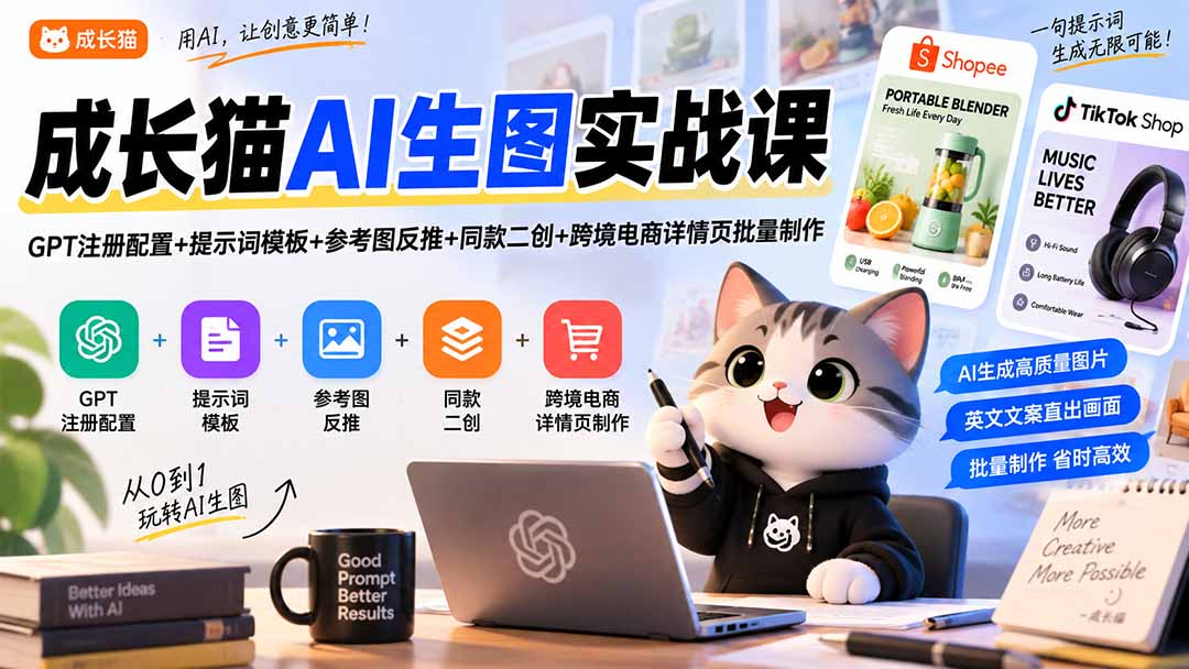 成长猫AI生图实战课|GPT注册配置+提示词模板+参考图反推+同款二创+跨境电商详情页批量制作
