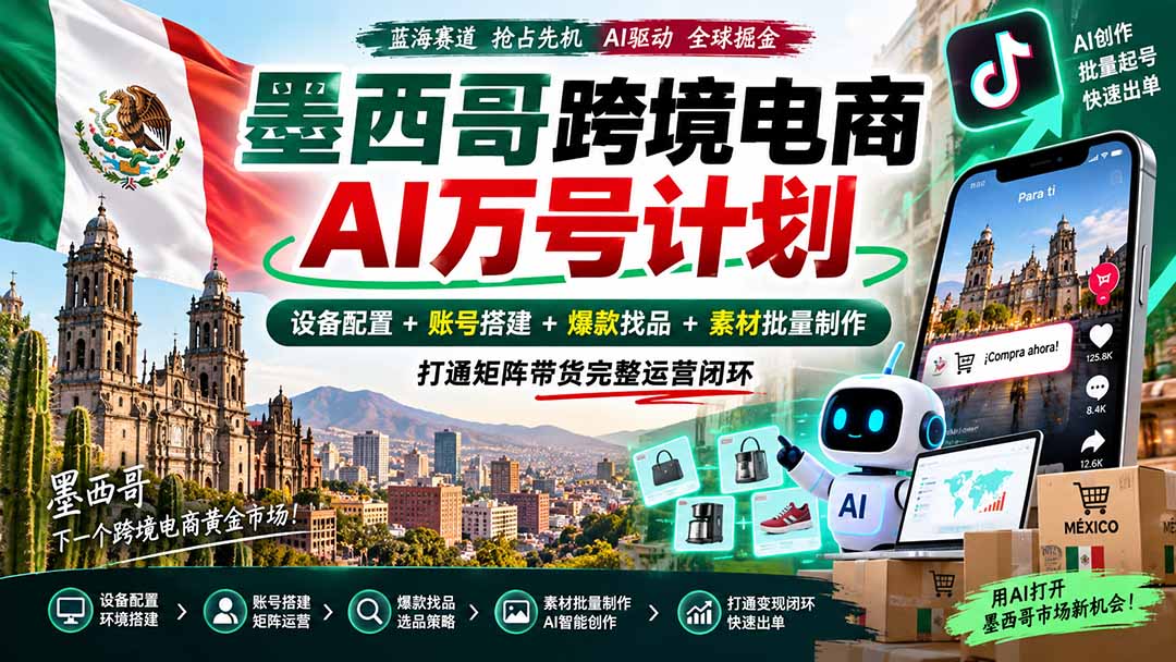 墨西哥AI跨境电商万号计划｜设备配置+账号搭建+爆款找品+素材批量制作，打通矩阵带货完整运营闭环