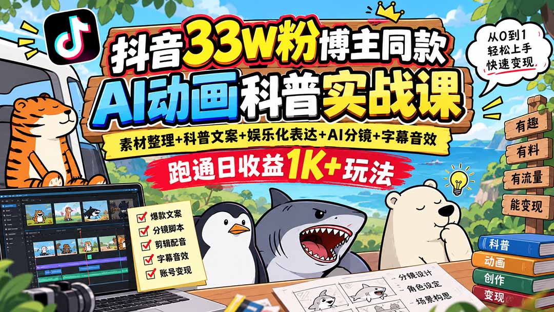 抖音33W粉博主同款AI动画科普实战课｜素材整理+科普文案+娱乐化表达+AI分镜+字幕音效，跑通日收益1K+玩法