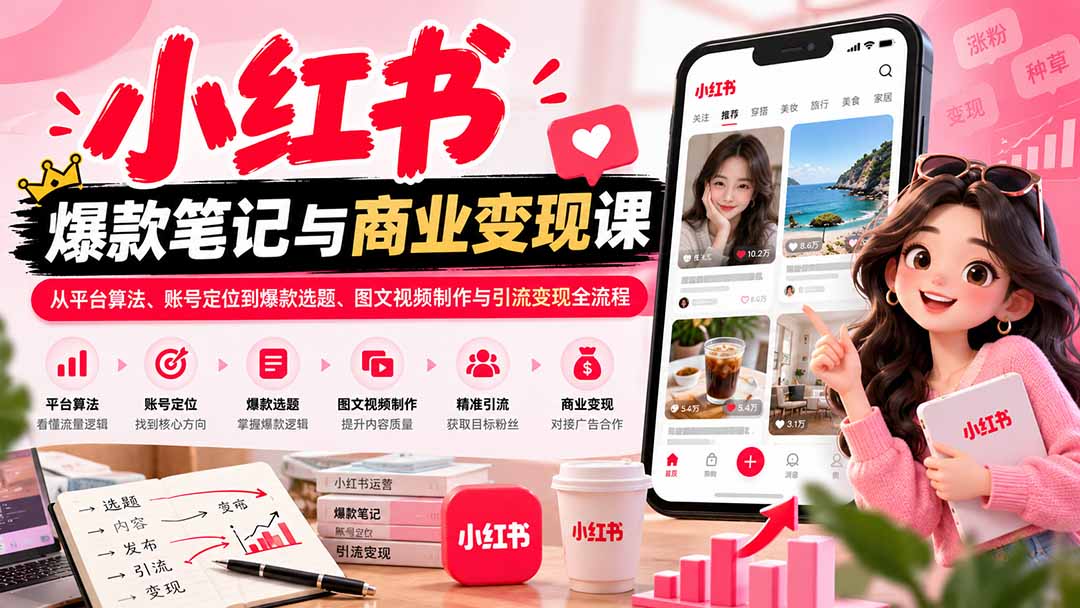 2026小红书爆款笔记与商业变现课:从平台算法、账号定位到爆款选题、图文视频制作与引流变现全流程