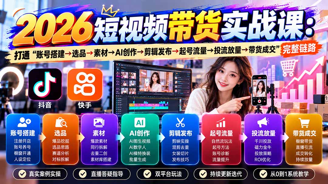 2026短视频带货实战课9月:打通“账号搭建→选品→素材→AI创作→剪辑发布→起号流量→投流放量→带货成交”完整链路