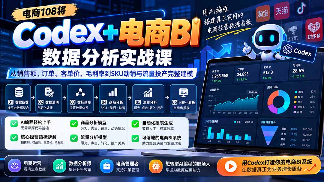 Codex+电商BI数据分析实战课-更新：从销售额、订单、客单价、毛利率到SKU动销与流量投产完整建模