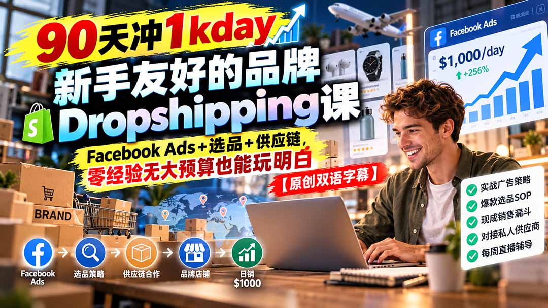 90天冲1kday 新手友好的品牌Dropshipping课:Facebook Ads+选品+供应链,零经验无大预算也能玩明白【原创双语字幕】