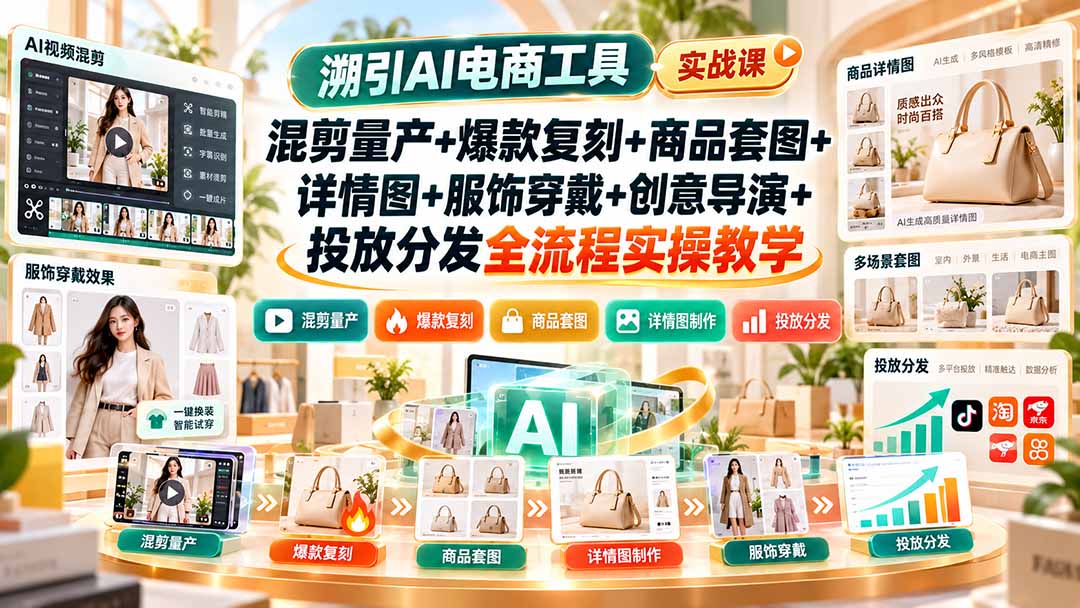 溯引AI电商工具实战课:混剪量产+爆款复刻+商品套图+详情图+服饰穿戴+创意导演+投放分发全流程实操教学