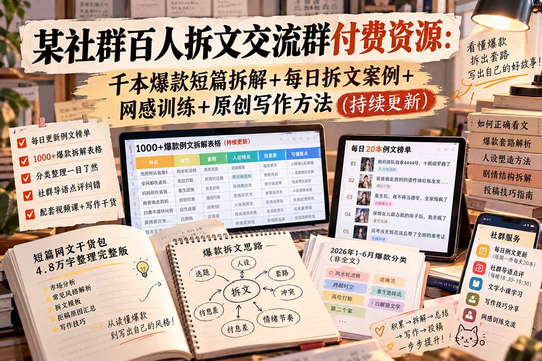 某社群百人拆文交流群付费资源-更新0929:千本爆款短篇拆解+每日拆文案例+网感训练+原创写作方法