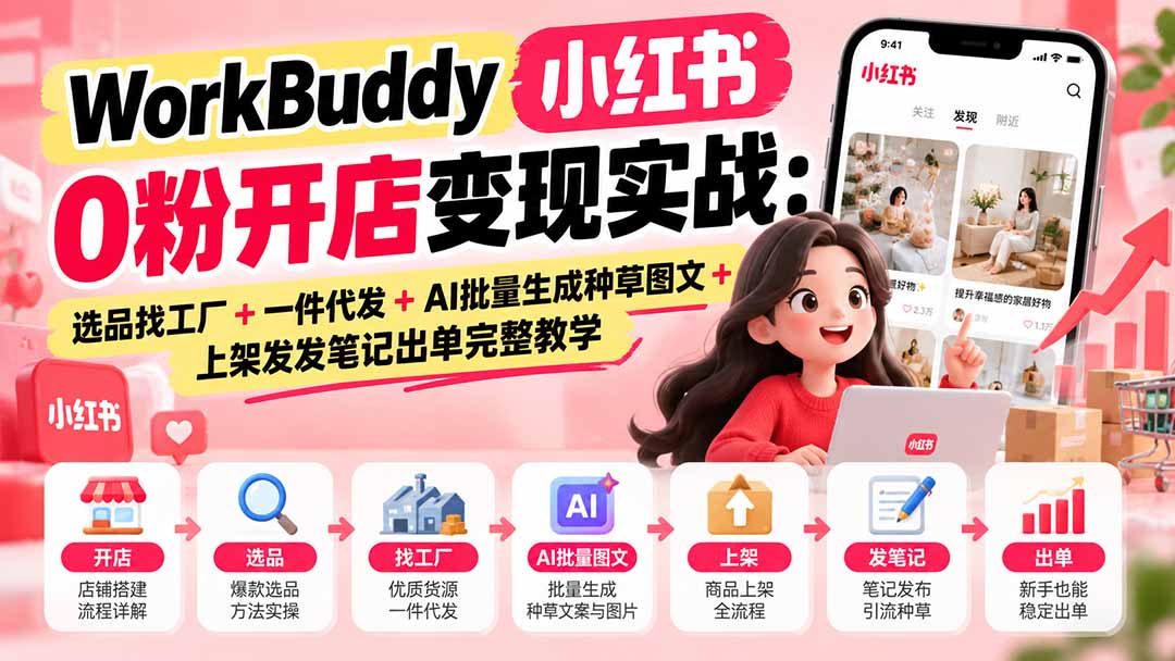 WorkBuddy小红书0粉开店变现实战:选品找工厂+一件代发+AI批量生成种草图文+上架发发笔记出单完整教学