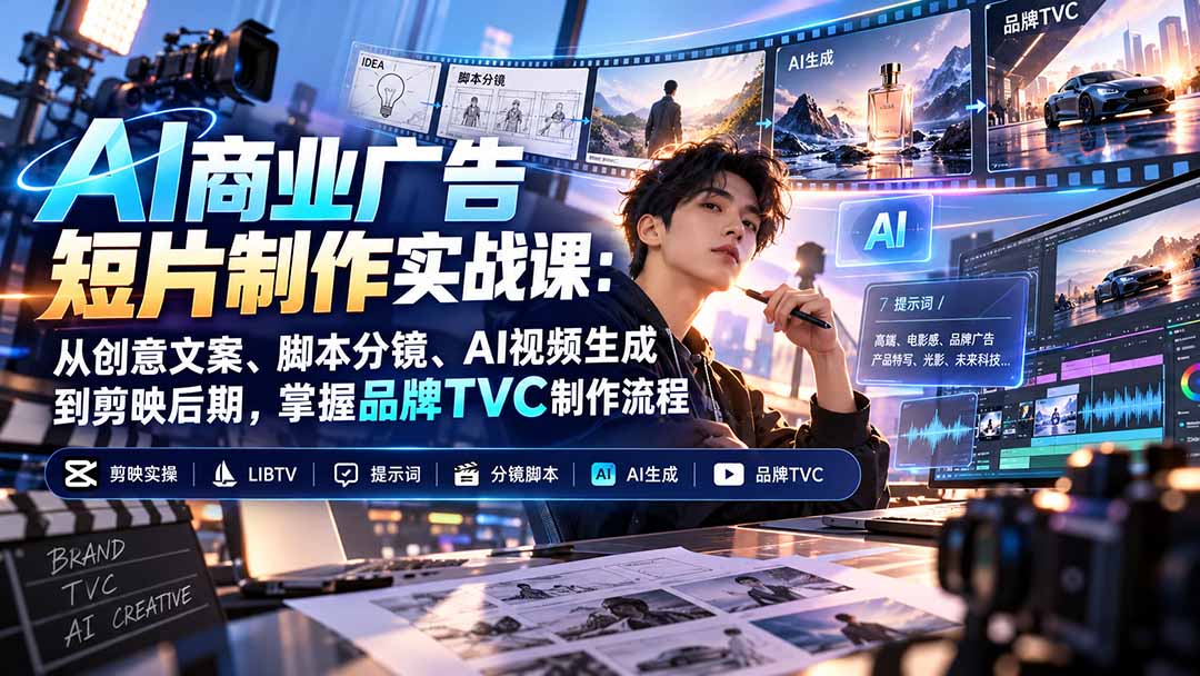 AI商业广告短片制作实战课：从创意文案、脚本分镜、AI视频生成到剪映后期，掌握品牌TVC制作流程