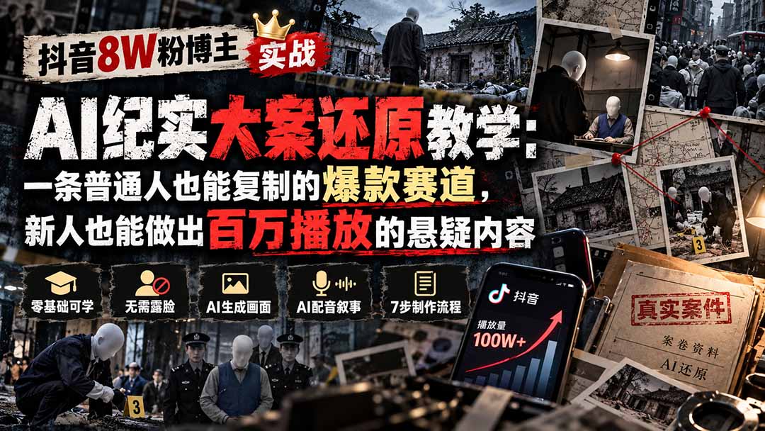 抖音8W粉博主AI纪实大案还原教学:一条普通人也能复制的爆款赛道,新人也能做出百万播放的悬疑内容